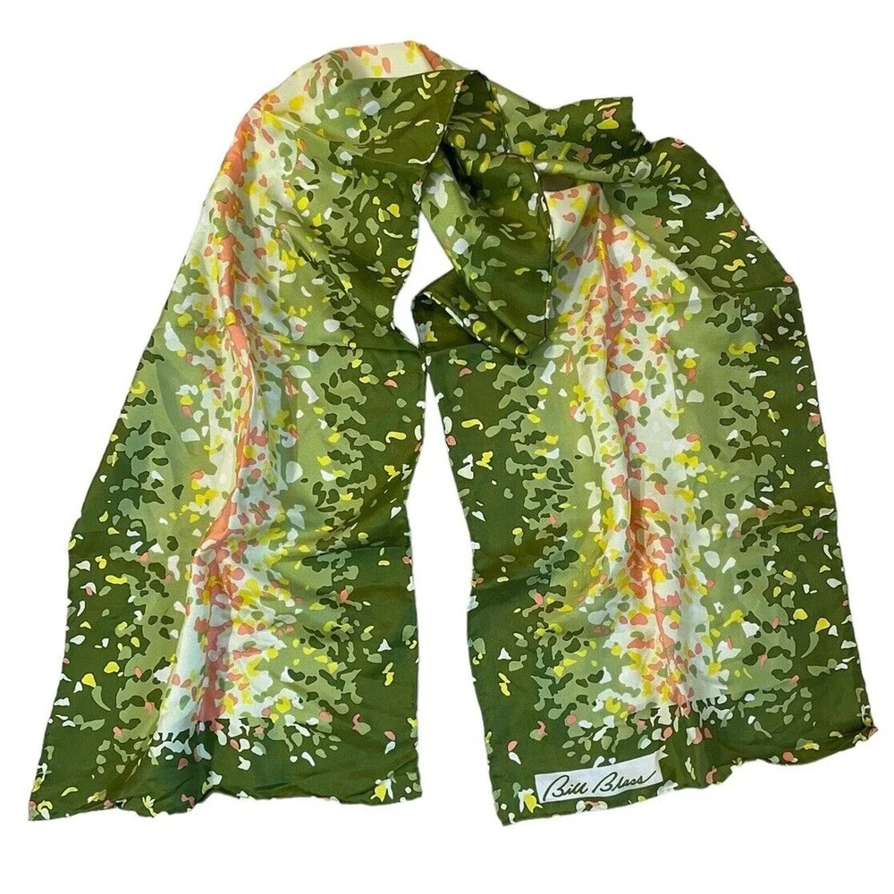 Vintage Bill Blass Confetti Print Silk Scarf Womens Green‎ Glam Luxury Designer